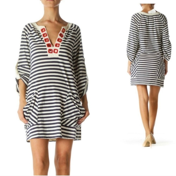 Nanette Lepore Swim Blue Cream Red Nautical Grommet Striped Swim Coverup - Picture 1 of 14